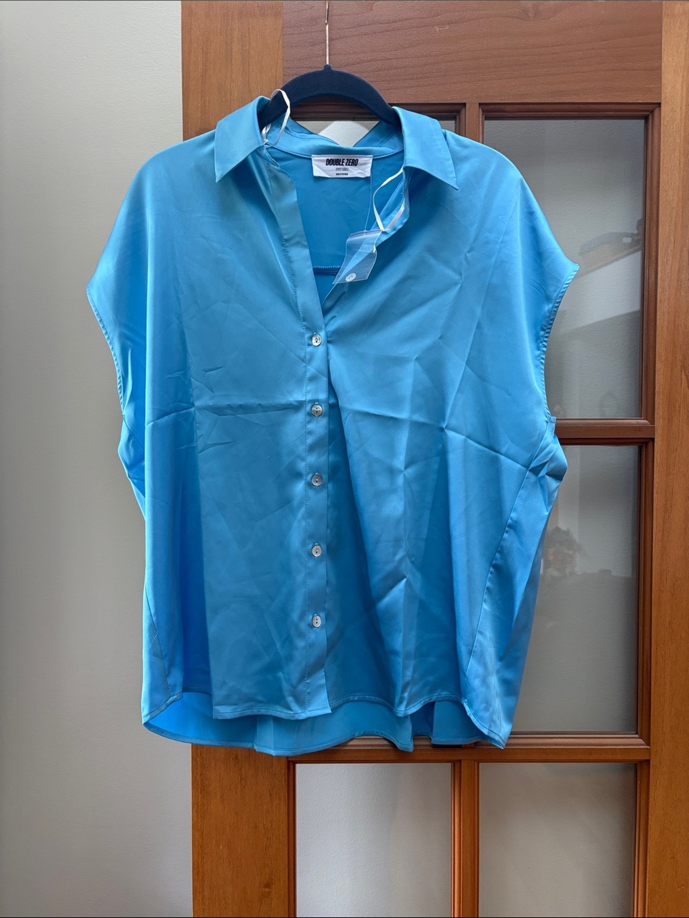Double Zero Turquoise Satin Button-Down Blouse